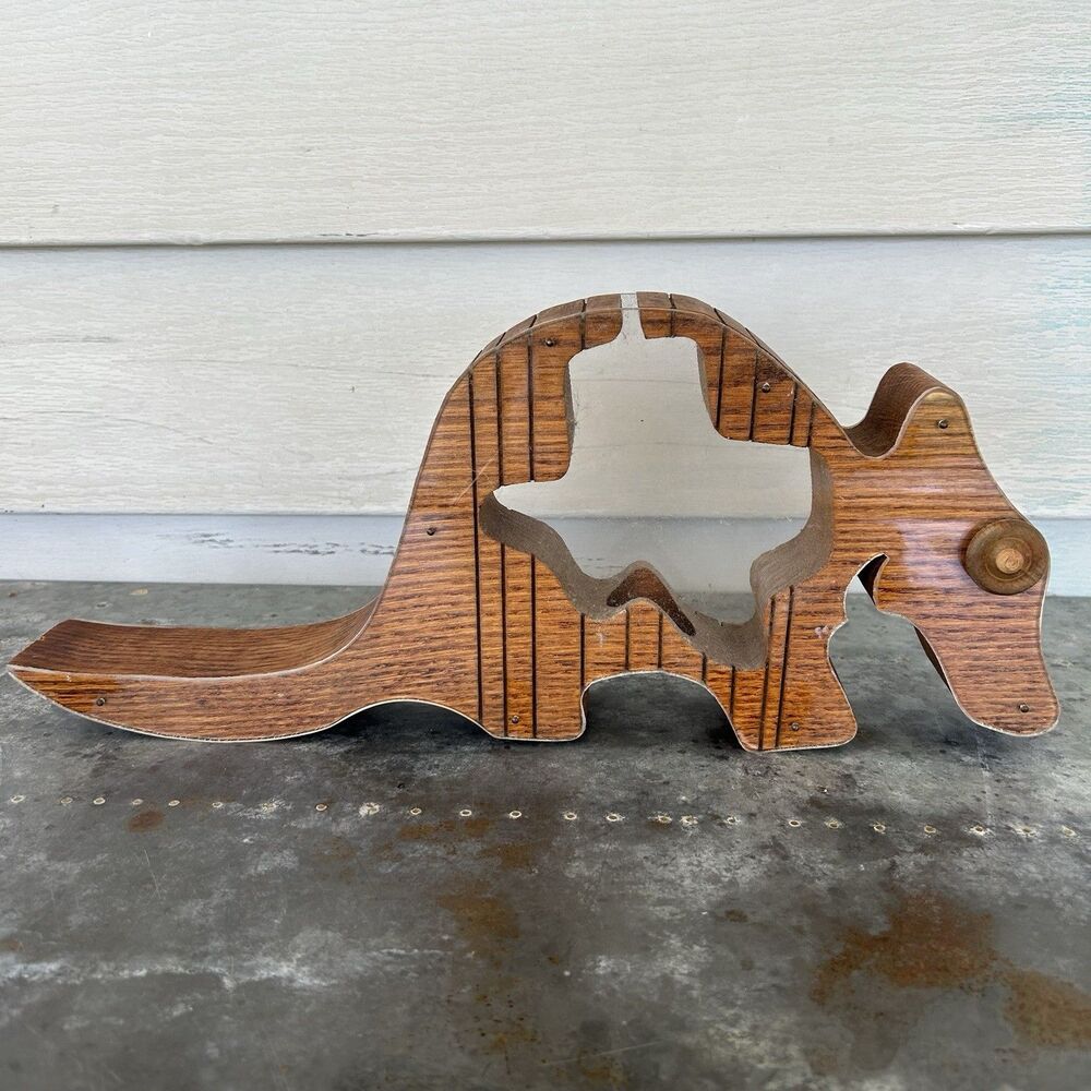 Vintage Wood Armadillo Bank Texas-Shaped Clear Plexiglass Piggy Bank Carved